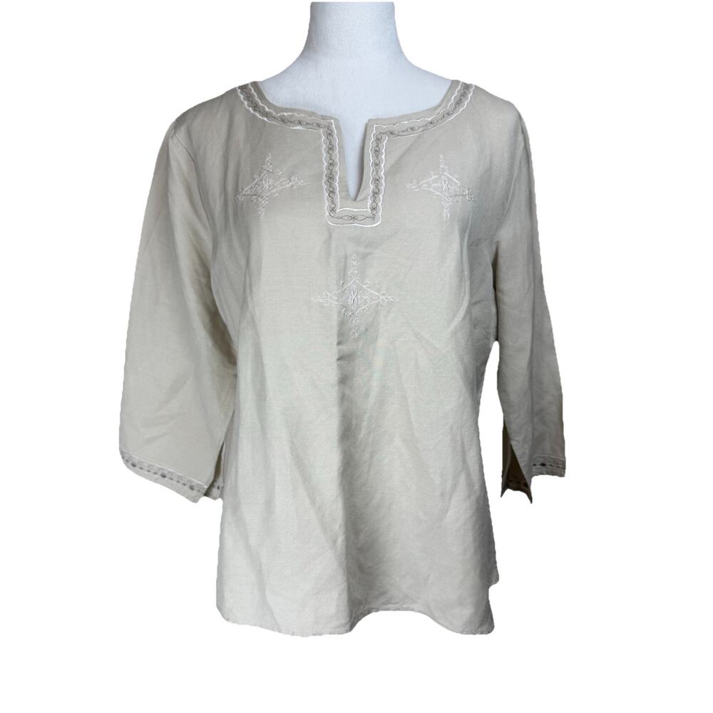 Sherry Taylor Collections Women's L Top Blouse Tan Embroidered 3/4 Sleeves‎ Boxy
